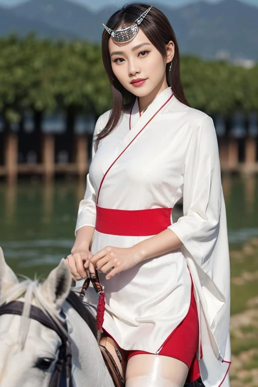 1girl,solo, light smile, river ,sunshangxiang, white, forehead jewel, (riding a horse), (wide angle,black thigh strap, thighhighs, white hanfu, side slit,) looking at viewer,
<lora:zhangJianiJenny_v10:0.6> , realistic,