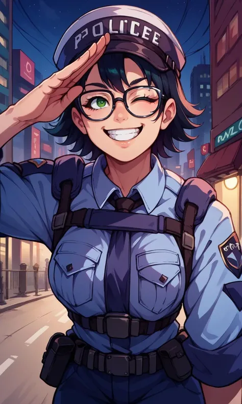 score_9, score_8_up, score_7_up, score_6_up, source_anime, BREAK masterpiece,  <lora:MarieWentz100steps16Dim:0.8>, police uniform, glasses, green eyes, upper body, leaning forward, salute, one eye closed, city, futuristic setting, night, 1 girl, smile, showing teeth, black hair