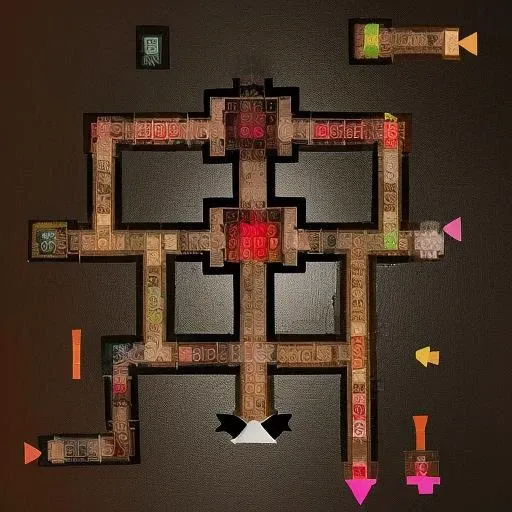 random sphulktiles connected as a boardgame with rooms hallways junctions and intersections with purple arrows as entry points, <lora:SpaceHulk_Tiles:1>