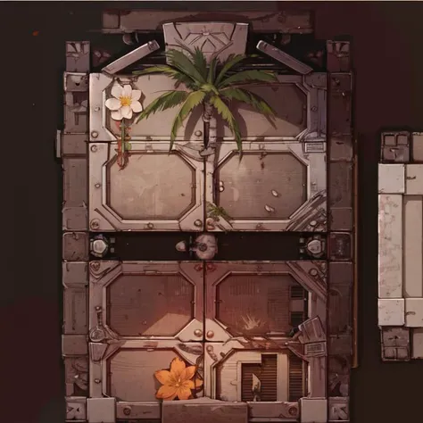 sphulktile, tile room 9 squares, beach theme, flowers, palmtrees, cute <lora:SpaceHulk_Tiles:1>