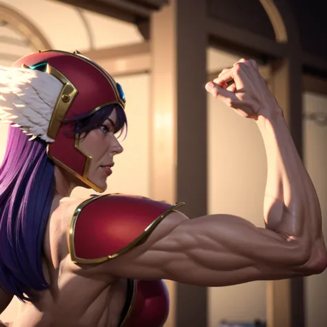 <lora:Himitsu Style:0.3> <lora:soldier (dq3):0.8> soldier_(dq3) (muscular:1.2) female, bikini armor, winged helmet, red armor, (long hair, purple hair:1.2), large breasts, indoors, castle, angry, smile, blue eyes, highly detailed lighting, soft lighting, toned, abs, shoulder armor, flexing, from behind, realistic, clenched hand, <lora:hiqcgbody:0.3> hiqcgbody, best quality, masterpiece, absurdres,