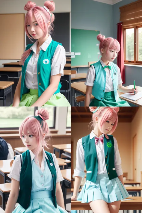 <lora:sugarlife03-000004:0.6>, 1girl, full body, satou, pink hair, buns, red ribbon, double bun, at the class, indoor, study, (sitting:0.2), (side view:0.5), school uniform, (light blue vest:1.3), white shirt, (green skirt:1.3), looking at viewer, raw photo, hdr shadows, realistic, shot at canon