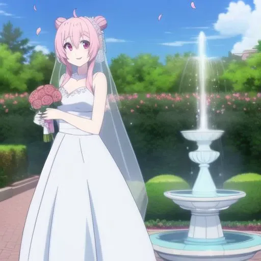 <lora:satouMatsuzakaHappy_v2dress:1> Satou, happy, blushing, distant view, holding a large bouquet of roses, wearing a detailed white wedding dress with a wedding veil, in a beautiful garden with beautiful flowers, flower petals in the air, open eyes, happy eyes, wedding venue, flower petals scattered on the ground, sparkles in the background, beautiful sky, detailed background, nature, red eyes, garden fountain in the background