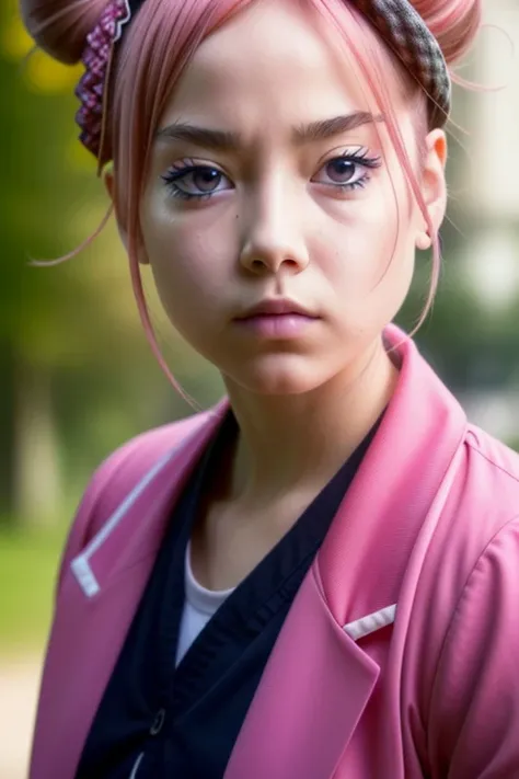 <lora:sugarlife01-000028:1.0>, (glowing eyes:0.8), small pupils, red eyes, pink eyes, eyelashes, serious look , 1girl, satou, outdoor, masterpice, hdr shadows, (intricate details:0.1), red eyes, pink hair, double bun,portrait, blue jacket