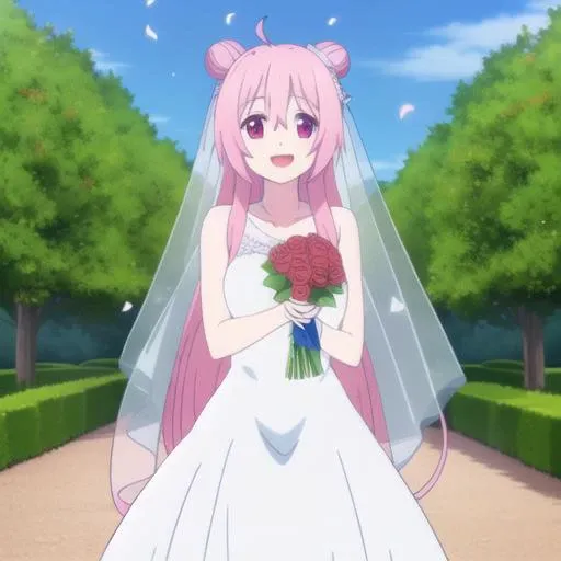 <lora:satouMatsuzakaHappy_v2dress:1> Satou, happy, blushing, distant view, holding a large bouquet of roses, wearing a detailed white wedding dress with a wedding veil, in a beautiful garden with beautiful flowers, flower petals in the air, open eyes, happy eyes, wedding venue, flower petals scattered on the ground, sparkles in the background, beautiful sky, detailed background, nature, red eyes