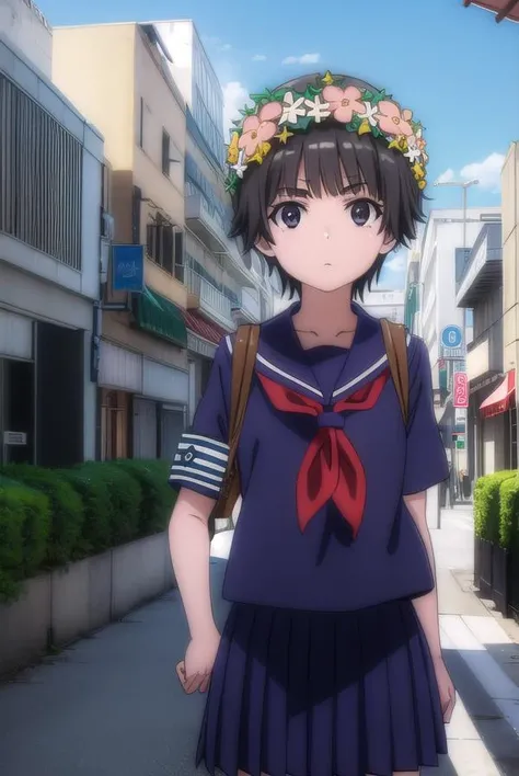 uiharukazari, <lora:kazari uiharu s3-lora-nochekaiser:1>,
uiharu kazari, (black eyes:1.5), black hair, flower, hair flower, hair ornament, head wreath, short hair,
BREAK armband, sakugawa school uniform, school uniform, serafuku, skirt, summer uniform, neckerchief, red neckerchief, blue sailor collar, blue skort, short sleeves,
BREAK outdoor, city, sky, sun, clouds,
BREAK looking at viewer, (cowboy shot:1.5),
BREAK <lyco:GoodHands-beta2:1>, (masterpiece:1.2), best quality, high resolution, unity 8k wallpaper, (illustration:0.8), (beautiful detailed eyes:1.6), extremely detailed face, perfect lighting, extremely detailed CG, (perfect hands, perfect anatomy),