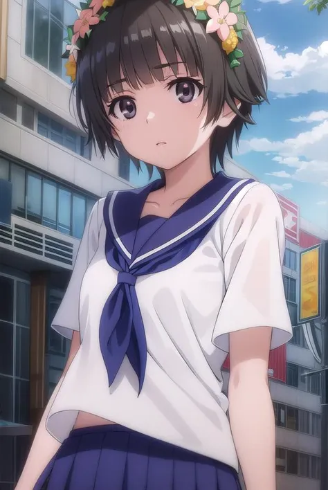 uiharukazari, <lora:kazari uiharu s3-lora-nochekaiser:1>,
uiharu kazari, (black eyes:1.5), black hair, flower, hair flower, hair ornament, head wreath, short hair,
BREAK armband, sakugawa school uniform, school uniform, serafuku, skirt, summer uniform, neckerchief, red neckerchief, blue sailor collar, blue skort, short sleeves,
BREAK outdoor, city, sky, sun, clouds,
BREAK looking at viewer, (cowboy shot:1.5),
BREAK <lyco:GoodHands-beta2:1>, (masterpiece:1.2), best quality, high resolution, unity 8k wallpaper, (illustration:0.8), (beautiful detailed eyes:1.6), extremely detailed face, perfect lighting, extremely detailed CG, (perfect hands, perfect anatomy),