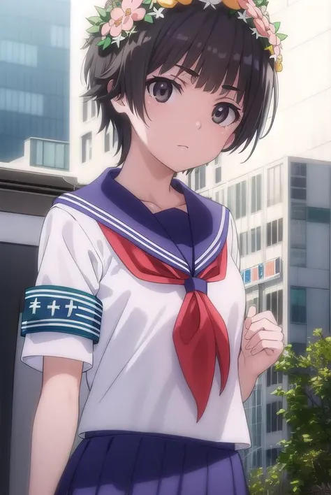 uiharukazari, <lora:kazari uiharu s3-lora-nochekaiser:1>,
uiharu kazari, (black eyes:1.5), black hair, flower, hair flower, hair ornament, head wreath, short hair,
BREAK armband, sakugawa school uniform, school uniform, serafuku, skirt, summer uniform, neckerchief, red neckerchief, blue sailor collar, blue skort, short sleeves,
BREAK outdoor, city, sky, sun, clouds,
BREAK looking at viewer, (cowboy shot:1.5),
BREAK <lyco:GoodHands-beta2:1>, (masterpiece:1.2), best quality, high resolution, unity 8k wallpaper, (illustration:0.8), (beautiful detailed eyes:1.6), extremely detailed face, perfect lighting, extremely detailed CG, (perfect hands, perfect anatomy),