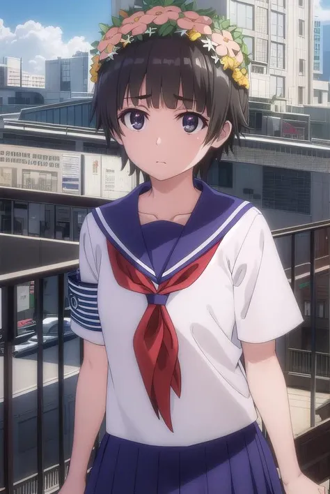 uiharukazari, <lora:kazari uiharu s3-lora-nochekaiser:1>,
uiharu kazari, (black eyes:1.5), black hair, flower, hair flower, hair ornament, head wreath, short hair,
BREAK armband, sakugawa school uniform, school uniform, serafuku, skirt, summer uniform, neckerchief, red neckerchief, blue sailor collar, blue skort, short sleeves,
BREAK outdoor, city, sky, sun, clouds,
BREAK looking at viewer, (cowboy shot:1.5),
BREAK <lyco:GoodHands-beta2:1>, (masterpiece:1.2), best quality, high resolution, unity 8k wallpaper, (illustration:0.8), (beautiful detailed eyes:1.6), extremely detailed face, perfect lighting, extremely detailed CG, (perfect hands, perfect anatomy),