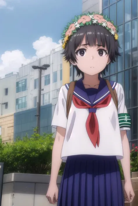 uiharukazari, <lora:kazari uiharu s3-lora-nochekaiser:1>,
uiharu kazari, (black eyes:1.5), black hair, flower, hair flower, hair ornament, head wreath, short hair,
BREAK armband, sakugawa school uniform, school uniform, serafuku, skirt, summer uniform, neckerchief, red neckerchief, blue sailor collar, blue skort, short sleeves,
BREAK outdoor, city, sky, sun, clouds,
BREAK looking at viewer, (cowboy shot:1.5),
BREAK <lyco:GoodHands-beta2:1>, (masterpiece:1.2), best quality, high resolution, unity 8k wallpaper, (illustration:0.8), (beautiful detailed eyes:1.6), extremely detailed face, perfect lighting, extremely detailed CG, (perfect hands, perfect anatomy),