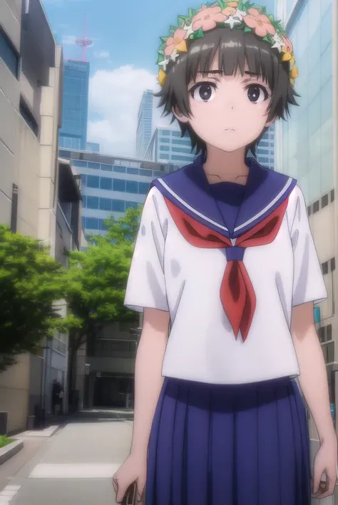 uiharukazari, <lora:kazari uiharu s3-lora-nochekaiser:1>,
uiharu kazari, (black eyes:1.5), black hair, flower, hair flower, hair ornament, head wreath, short hair,
BREAK armband, sakugawa school uniform, school uniform, serafuku, skirt, summer uniform, neckerchief, red neckerchief, blue sailor collar, blue skort, short sleeves,
BREAK outdoor, city, sky, sun, clouds,
BREAK looking at viewer, (cowboy shot:1.5),
BREAK <lyco:GoodHands-beta2:1>, (masterpiece:1.2), best quality, high resolution, unity 8k wallpaper, (illustration:0.8), (beautiful detailed eyes:1.6), extremely detailed face, perfect lighting, extremely detailed CG, (perfect hands, perfect anatomy),