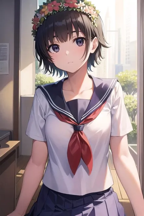 (masterpiece, best quality:1.2, perfect hands, parfect fingers, parfect face, high resolution, high detail, 16k), 1 girl, solo, cute, (((junior, teen, childish, 13 years old, baby face, primary school student, js))), japanese girl, smile, cowboy shot, hotelroom, sober sailor uniform,
