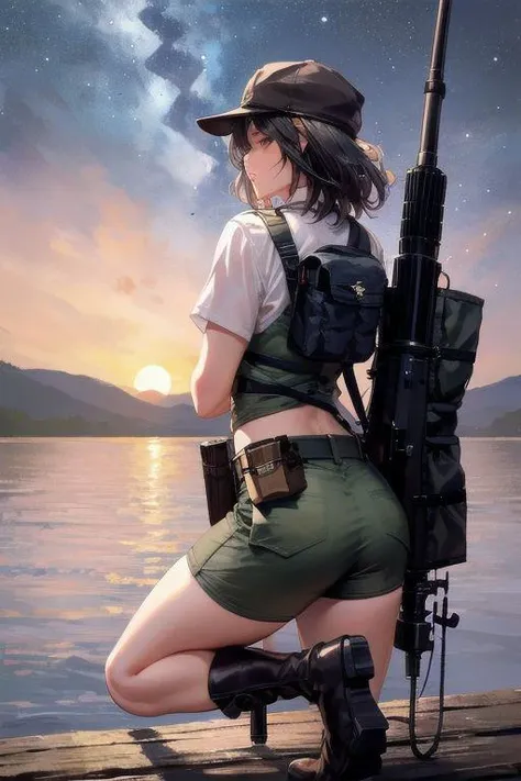 rick_thickoil, nixeu, night sky, close up, down on one knee, {mature female, (hunting equipment), on a pier, standing behind a lake}, (.75 caliber rifle strapped behind her back), {cargo shorts, utility belt, utility vest, heavy boots}, cool hat, (wide hips:1.4, thick thighs:.9),