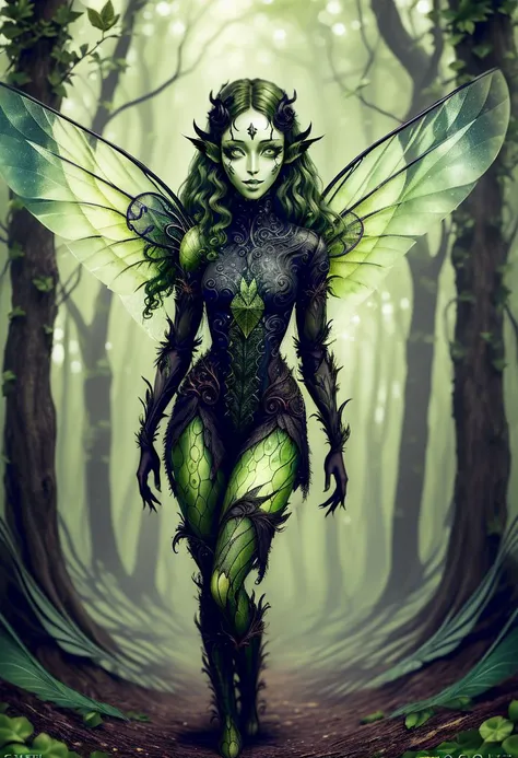 <lora:EnvyFairy01-weird-anylora-45:0.8>, (faerie:1.3), masterpiece, best quality, 1girl, <lora:dryad:0.6>, dryad, green skin, tree legs, plant girl, elf ears, (thirty years old), solo, ((long wild green hair)), green lips, ((green eyes:1.6, black sclera:1.6)), (cute:1.6), (pretty:1.2), (sexy:1.6), (slim:1.6), (abs:0.8), (soft expression:1.6), (smile:1), <lora:leaf_bikini-000004:1>, green leaf bikini, ((green fairy wings:1.6)), (large green fairy wings), (small breasts), full body shot, tranquil forest background