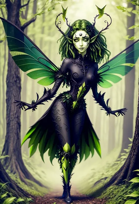 <lora:EnvyFairy01-weird-anylora-45:0.8>, (faerie:1.3), masterpiece, best quality, 1girl, <lora:dryad:0.6>, dryad, (green skin), tree legs, plant girl, elf ears, (thirty years old), solo, ((long wild green hair)), green lips, ((green eyes:1.6, black sclera:1.6)), (cute:1.6), (pretty:1.2), (sexy:1.6), (slim:1), (abs:0.8), (soft expression:1.6), (smile:1), ((green fairy wings:1.6)), (large green fairy wings), (small breasts), full body shot, (beckoning viewer seductively), tranquil forest background