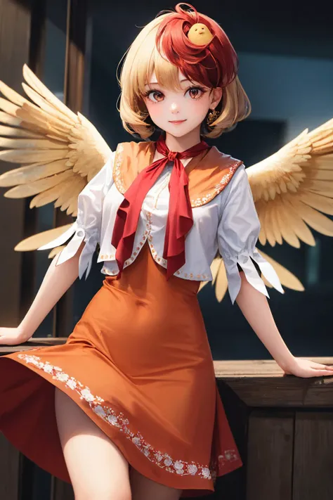 (masterpiece, best quality:1.2), <lyco:touhou_niwatari-10:1.0>, cowboy shot, solo, 1girl, niwatari kutaka, smile, looking at viewer, bird on head, orange dress, shirt, puffy short sleeves, wings, tail