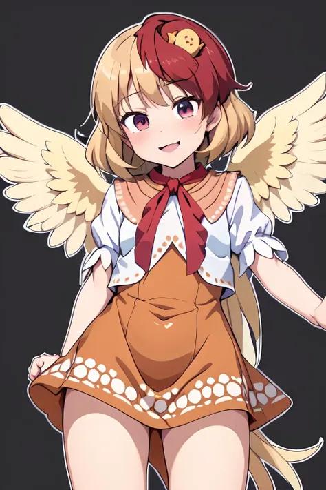 (masterpiece, best quality:1.2), cowboy shot, solo, 1girl, niwatari kutaka, smile, looking at viewer, bird on head, orange dress, shirt, puffy short sleeves, wings, tail, <lora:touhou_niwatari:1>,chick, <lora:realistic_LECO:0.5>,(anime_coloring:1.3),(megami manazine:1.2), (black_outline_vectorgraphics:1)