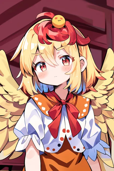 (masterpiece, best quality: 1.2), detailed, <lyco:uenomigi-loha-000003:1.0>
BREAK
touhou, 1girl, niwatari kutaka, bird on head, wings, tail, orange dress, shirt, puffy short sleeves, multicolored hair, blonde hair, red hair, <lora:touhou_niwatari:1>