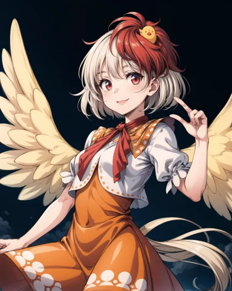 <lora:touhou_niwatari-10:1.0>, cowboy shot, solo, 1girl, niwatari kutaka, smile, looking at viewer, bird on head, orange dress, shirt, puffy short sleeves, wings, tail, <lora:add_detail:1>, masterpiece, best quality, perfect composition, <lyco:GoodHands-beta2:1.0>