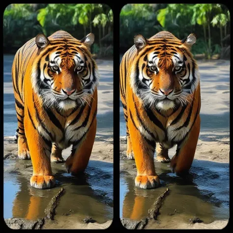 a (StereoView) of a Tiger in Amazon, beach , splash style, contour, fantasy concept art, 8k resolution, deviantart masterpiece, oil painting, heavy strokes, (mirror:1), paint dripping, splash art, realistic, highly detailed
black border, <lora:StereoView_SDXL:0.7>