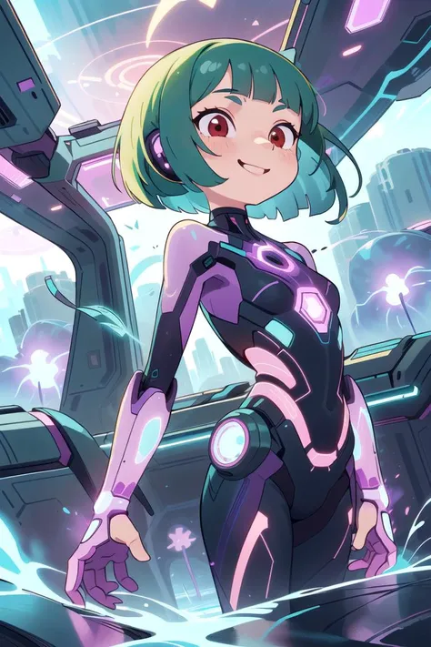 flat vector art , illustration,
closeup, small breasts, seductive smile, best quality,
bob cut, red eyes, green hair,multicolored hair, aqua hair,
1girl, standing in a scifi city, perfect face ,
<lora:PlasmaTech-20:0.8> plasmatech, scifi, plasma filaments, glass, purple hues,