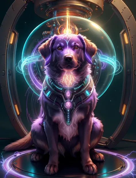 (masterpiece:1.2), (best quality:1.2), extremely detailed,  <lora:PlasmaTech:1> plasmatech, scifi, plasma filaments, glass, purple hues, dog, animal