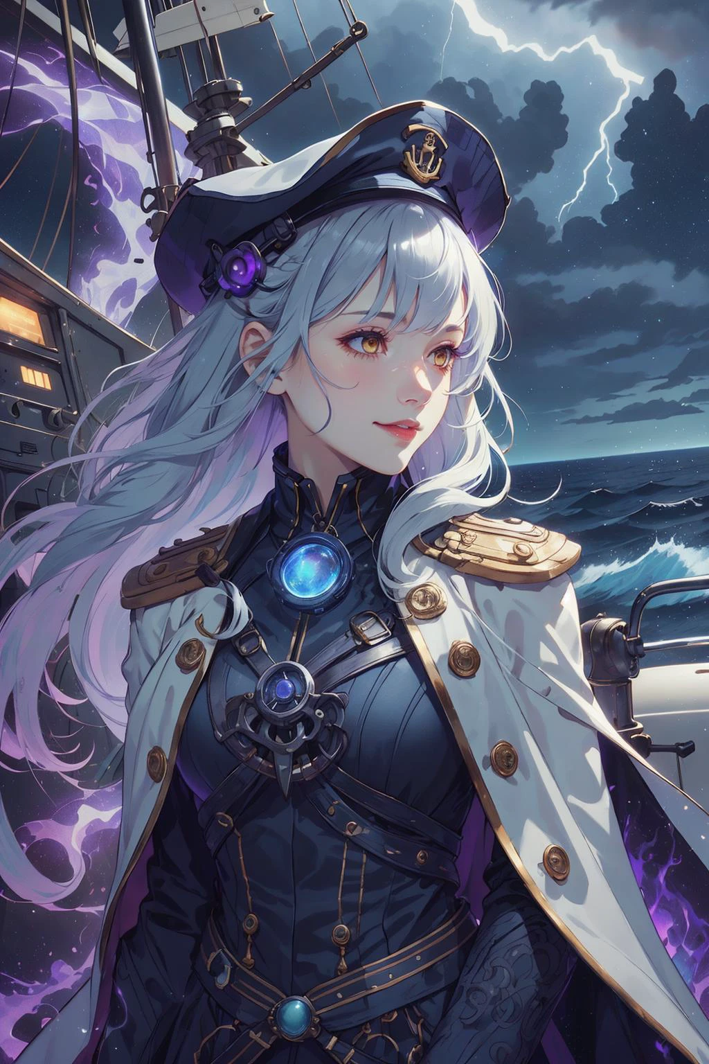 (intricate detail, beautiful:1.2), <lora:smol02:0.4>, <lora:Dreamwave v3:0.5>,
1 girl, adult woman, yellow eyes, gray prom hairstyle,
Style-GravityMagic, solo, upper body, looking away, detailed background, detailed face, (<lora:PlasmaTech:0.6>, glass, purple hues, plasmatech theme:1.1), ship captain, smiling, light blue elaborate naval uniform, elegant cape, tricorn hat, navy insignia, dynamic movement, on deck of ship, rigging, anchor, nautical tools, storm in background, starry sky, tense atmosphere,
