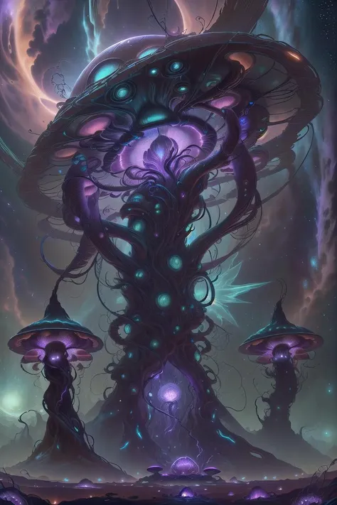 An award-winning digital image of a plasmatech eldritchtech giant mushroom, stars, at night, (masterwork:1.2), (dynamic lighting:1.1), intricate details, hd, 8k, wraith, plasma filaments, purple hues<lora:morph_navimixu_PlasmaTech-20:0.868><lora:morph_CosmicEldritchTech-20:0.700>