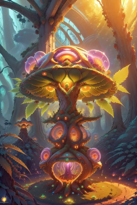 An award-winning digital image of a plasmatech CannabisPunk giant mushroom, sunshafts, colorful, medieval, forest, (masterwork:1.2), (dynamic lighting:1.1), intricate details, hd, 8k, scifi, purple hues<lora:morph_navimixu_PlasmaTech-20:0.866><lora:morph_CannabisPunk_v1:0.819>