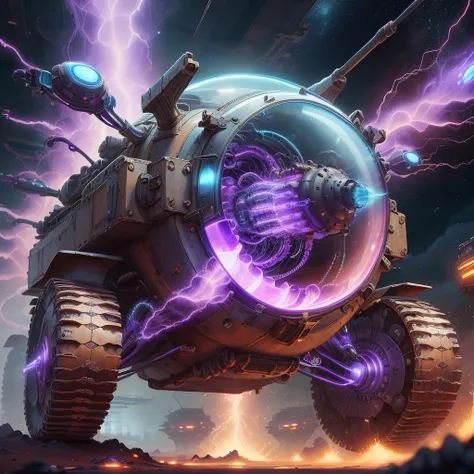 <lora:PlasmaTech-20:0.9>, plasmatech , scifi, plasma filaments, purple hues , 
  tank,  vehicle, turrets,