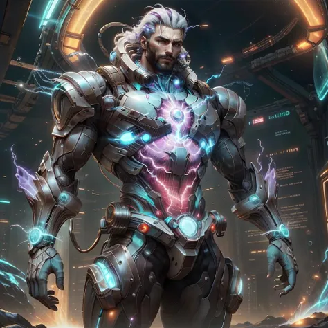 <lora:PlasmaTech-20:0.9>, plasmatech , scifi, plasma filaments, glass, 
 man, <lora:Gigachadv1:0.65> gigachad, silver glowing hair ,