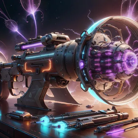 <lora:PlasmaTech-20:0.9>, plasmatech , scifi, plasma filaments, purple hues ,
rifle on a table, (simple background:1.3)