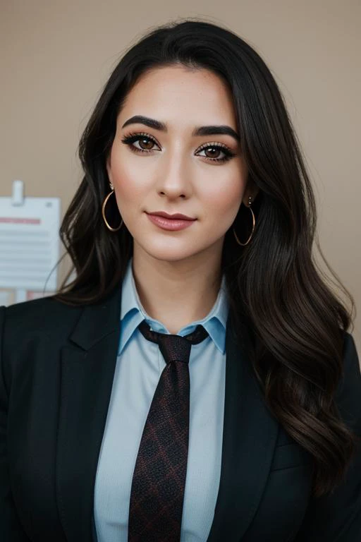 <lora:abigailshapiro:0.5>,,abigailshapiro,(epic), ,photo of a woman, , perfect hair, beautiful perfect skin, ((busy office)), (modern photo, necktie, shirt), 24mm, (analog, cinematic, film grain:1.3), , detailed eyes, (upper body), (looking at viewer, eye contact), earrings, (eyeliner, eyelashes),((best quality, masterpiece, extreme details, high resolution):1.2),((detailed eyes, beautiful eyes, detailed face, beautiful face):1.2)