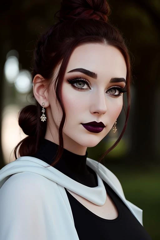 <lora:abigailshapiro:0.5>,,abigailshapiro, , photo of a woman, ((dark red hair, hair up, hair in bun)), ((outdoors, detailed fantasy city, white bodysuit, white trim, black cape)),serious, ((dark lipstick, heavy eyeliner, heavy eye shadow, blush, goth makeup)), ((best quality, masterpiece, extreme details, high resolution):1.2),((detailed eyes, beautiful eyes, detailed face, beautiful face):1.2)