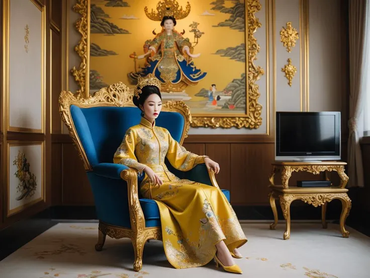 style of Guo Pei a 28 years old lady sitting on a chair and watching tv in a bright room, tv,