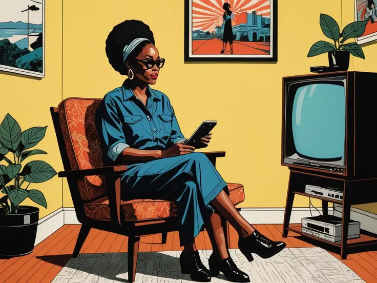 style of Emory Douglas a 28 years old lady sitting on a chair and watching tv in a bright room, tv,