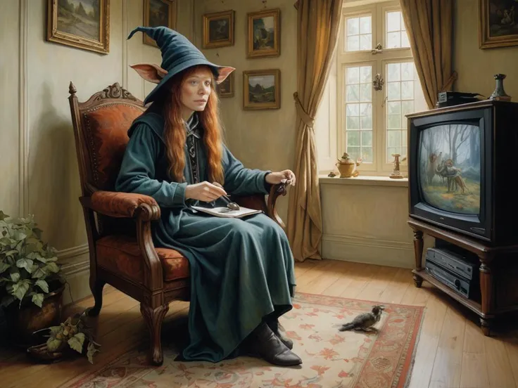 style of Brian Froud a 28 years old lady sitting on a chair and watching tv in a bright room, tv,