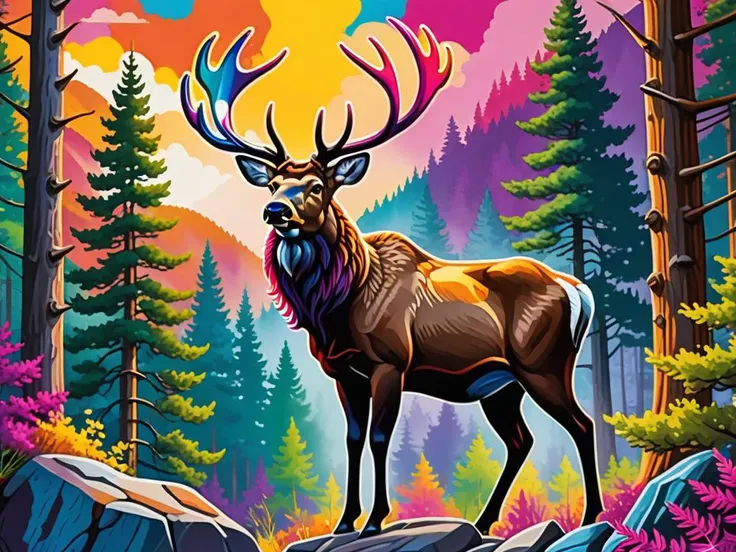 (illustration, style of Lisa Frank:1.4), (Agressive giant male [deer|elk] with moose antlers:1.3), standing on hind legs in a forest with trees and rocks in the background, detailed background, cowboy shot