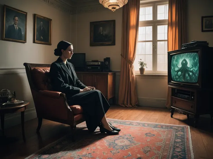 style of H.P. Lovecraft a 28 years old lady sitting on a chair and watching tv in a bright room, tv,