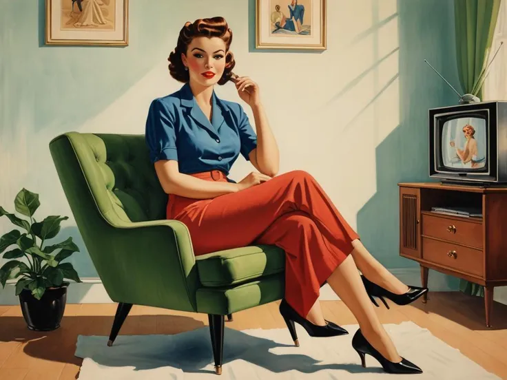 style of Alberto Vargas a 28 years old lady sitting on a chair and watching tv in a bright room, tv,