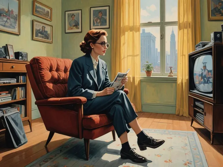 style of Harvey Kurtzman a 28 years old lady sitting on a chair and watching tv in a bright room, tv,