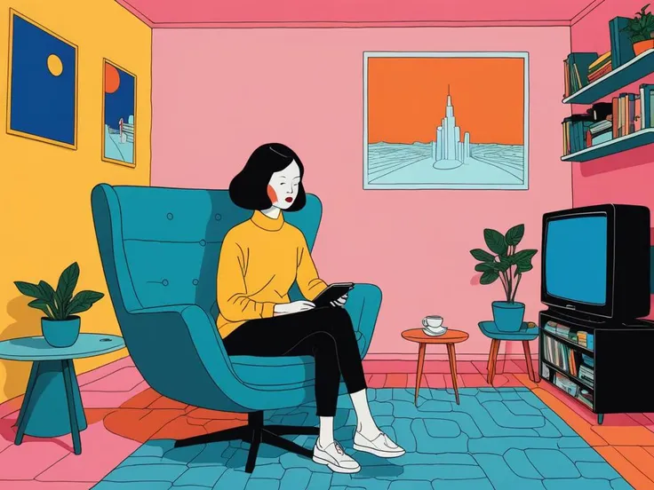 style of Michael DeForge a 28 years old lady sitting on a chair and watching tv in a bright room, tv,