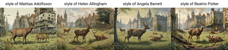 style of Mattias Adolfsson, illustration, cityscape, post-apocalyptic, deer eating grass