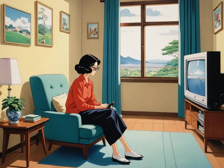 style of Osamu Tezuka a 28 years old lady sitting on a chair and watching tv in a bright room, tv,