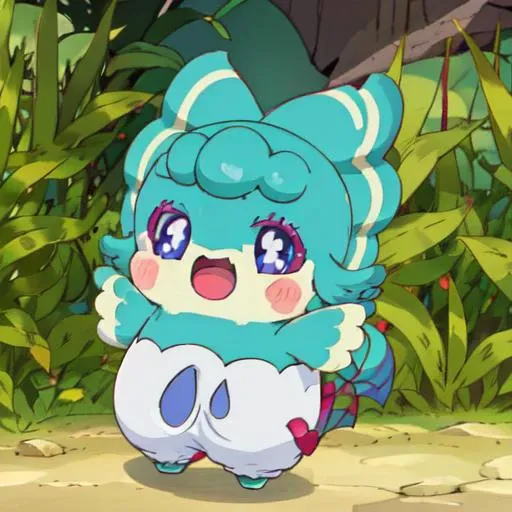 <lora:CocotamaAmelie:1> solo, looking at viewer, smile, open mouth, blue eyes, purple eyes, full body, :d, pokemon (creature), no humans, blush stickers, outstretched arms,