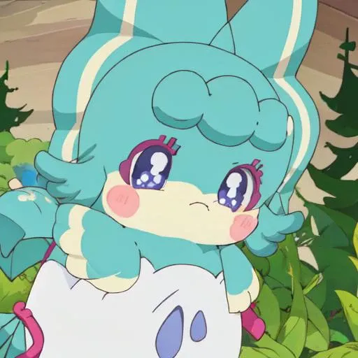 <lora:CocotamaAmelie:1> solo, blue eyes, closed mouth, purple eyes, outdoors, tree, no humans, blush stickers, bush