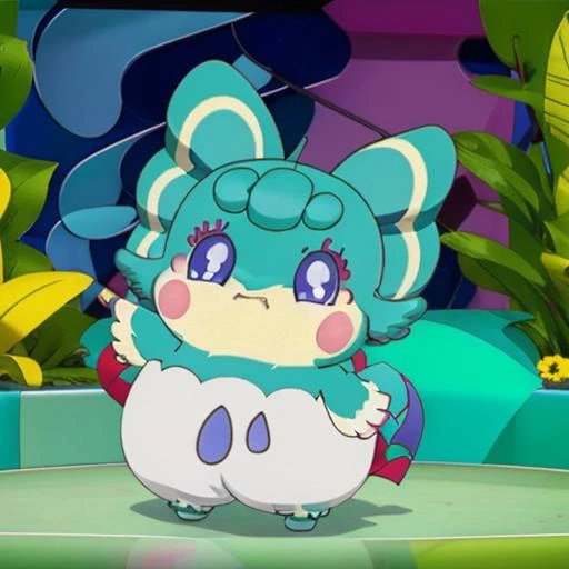 <lora:CocotamaAmelie:1> solo, looking at viewer, smile, open mouth, blue eyes, simple background, purple eyes, full body, :d, pokemon (creature), no humans, blush stickers, outstretched arms,