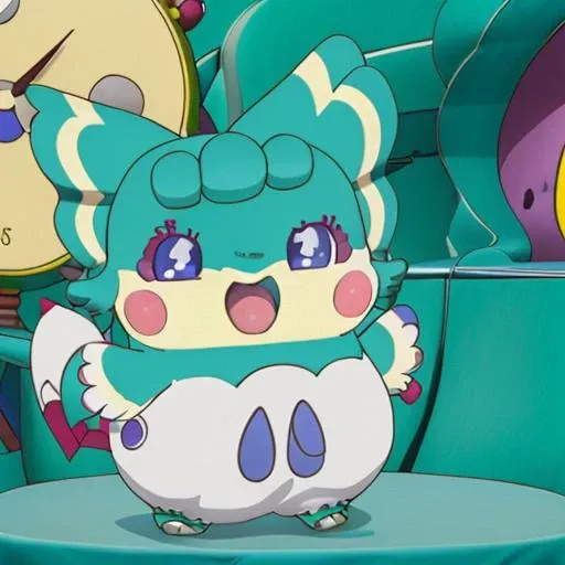 <lora:CocotamaAmelie:1> solo, looking at viewer, smile, open mouth, blue eyes, simple background, purple eyes, full body, :d, pokemon (creature), no humans, blush stickers, outstretched arms,
