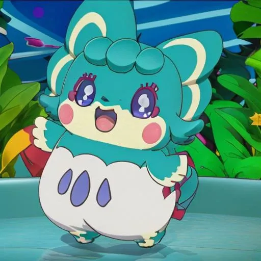 <lora:CocotamaAmelie:1> solo, looking at viewer, smile, open mouth, blue eyes, simple background, purple eyes, full body, :d, pokemon (creature), no humans, blush stickers, outstretched arms,
