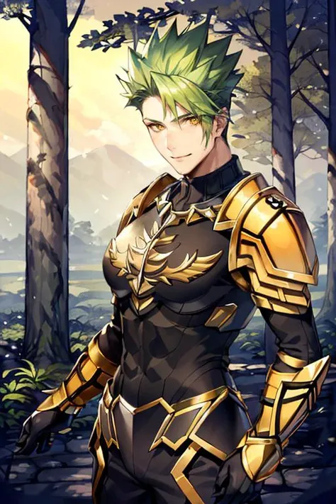 ((masterpiece)), ((best quality)), (ultra-detailed), absurdres, extremely detailed CG unity 8k wallpaper, Official Art, Accurate describe shapes, (realistic), detailed hands, expressive eyes, upper body, close-up, solo, (forest, scenery, dramatic light, illustration:1.1), (standing, arm at side, smile1.2), (1girl, mature female, large breasts, abs, green hair, short hair, spiked hair, yellow eyes:1.4), (black bodysuit, long sleeves, black gloves, golden armor, golden gauntlets, orange scarf:1.3), , ((masterpiece)), absurdres, HDR, achilles (fate), achilles - third ascension (fate), <lora:Achilles - FGO:0.7>
